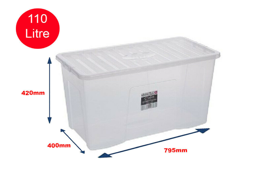 Buy 110 Litre Plastic Storage Boxes with Clear Lid (Pallet of 90