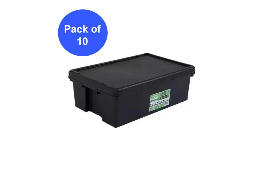 Buy Black Recycled 36L Heavy Duty Box & Lid (Pack of 10) Plastic